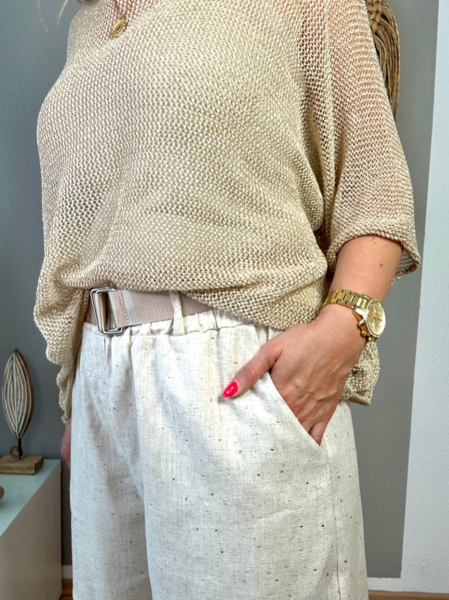 Leinenshorts "GOLDEN DOT" in beige gold mit Gürtel