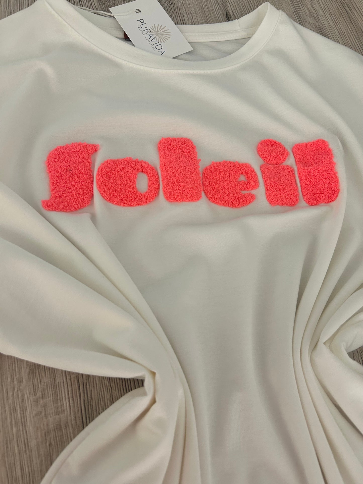 T-Shirt "SOLEIL" in weiß mit neonkorall