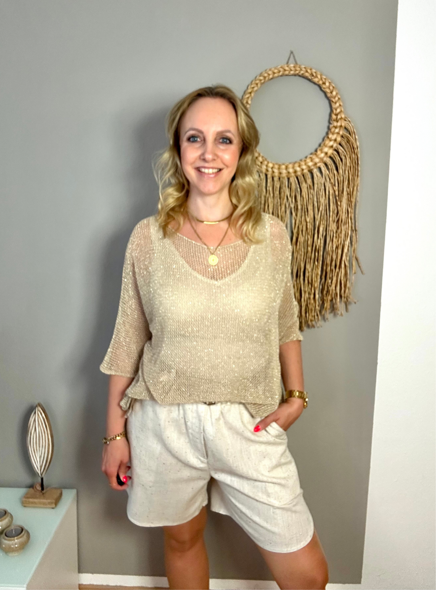 Leinenshorts "GOLDEN DOT" in beige gold mit Gürtel