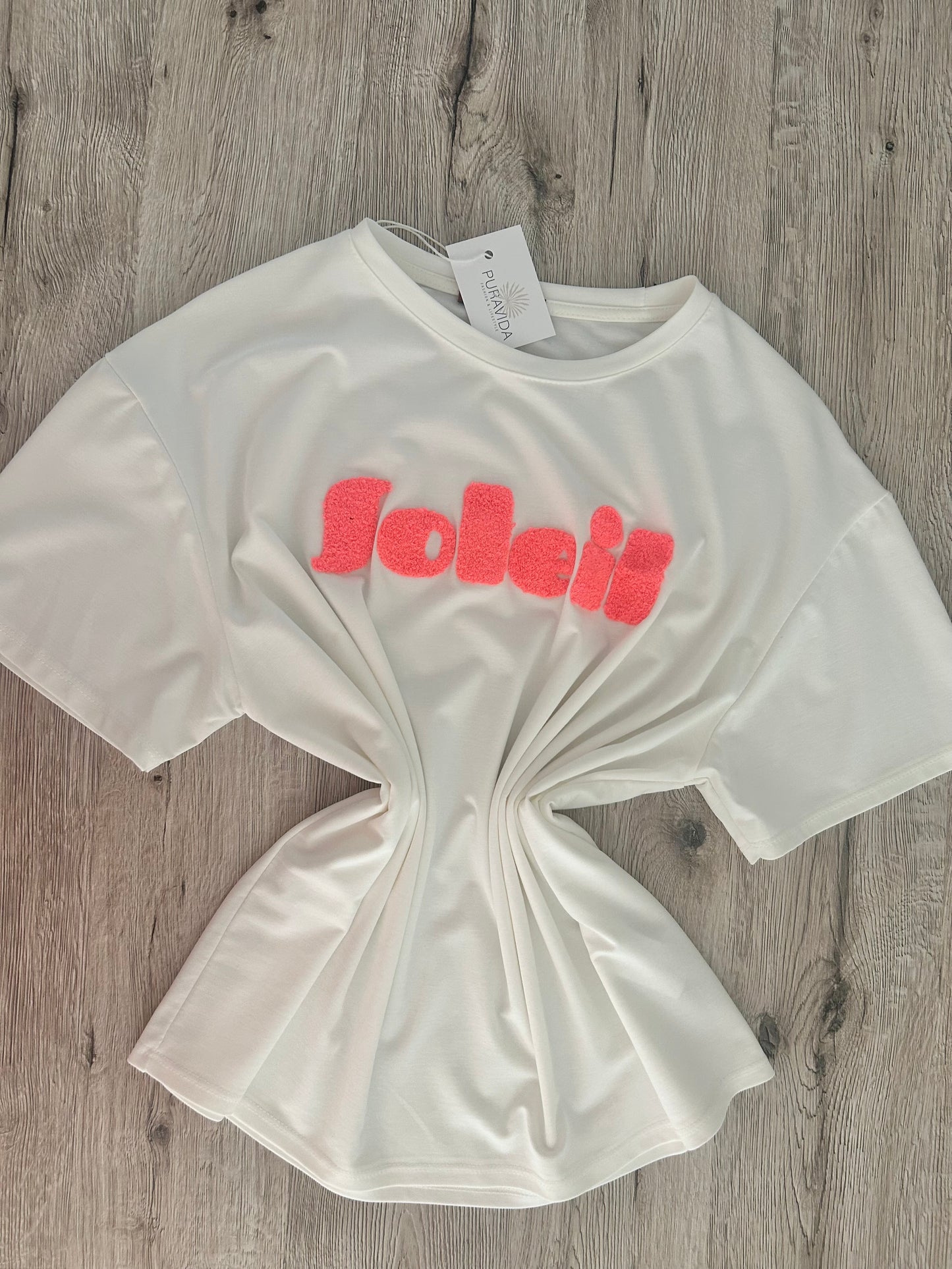 T-Shirt "SOLEIL" in weiß mit neonkorall