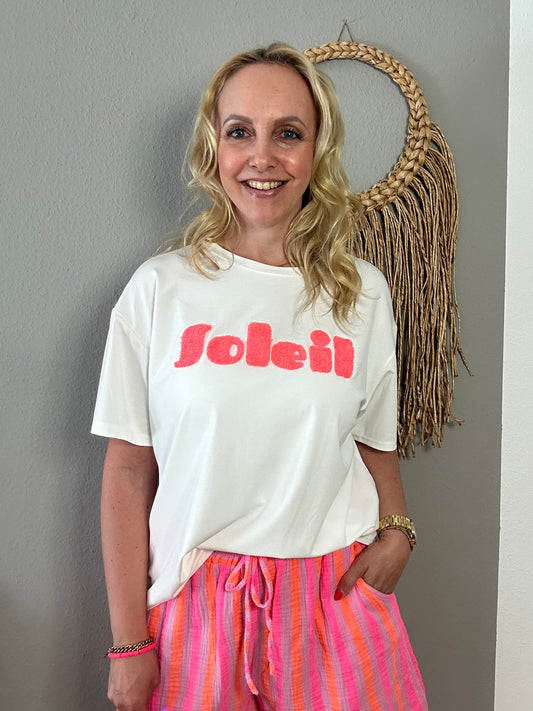 T-Shirt "SOLEIL" in weiß mit neonkorall