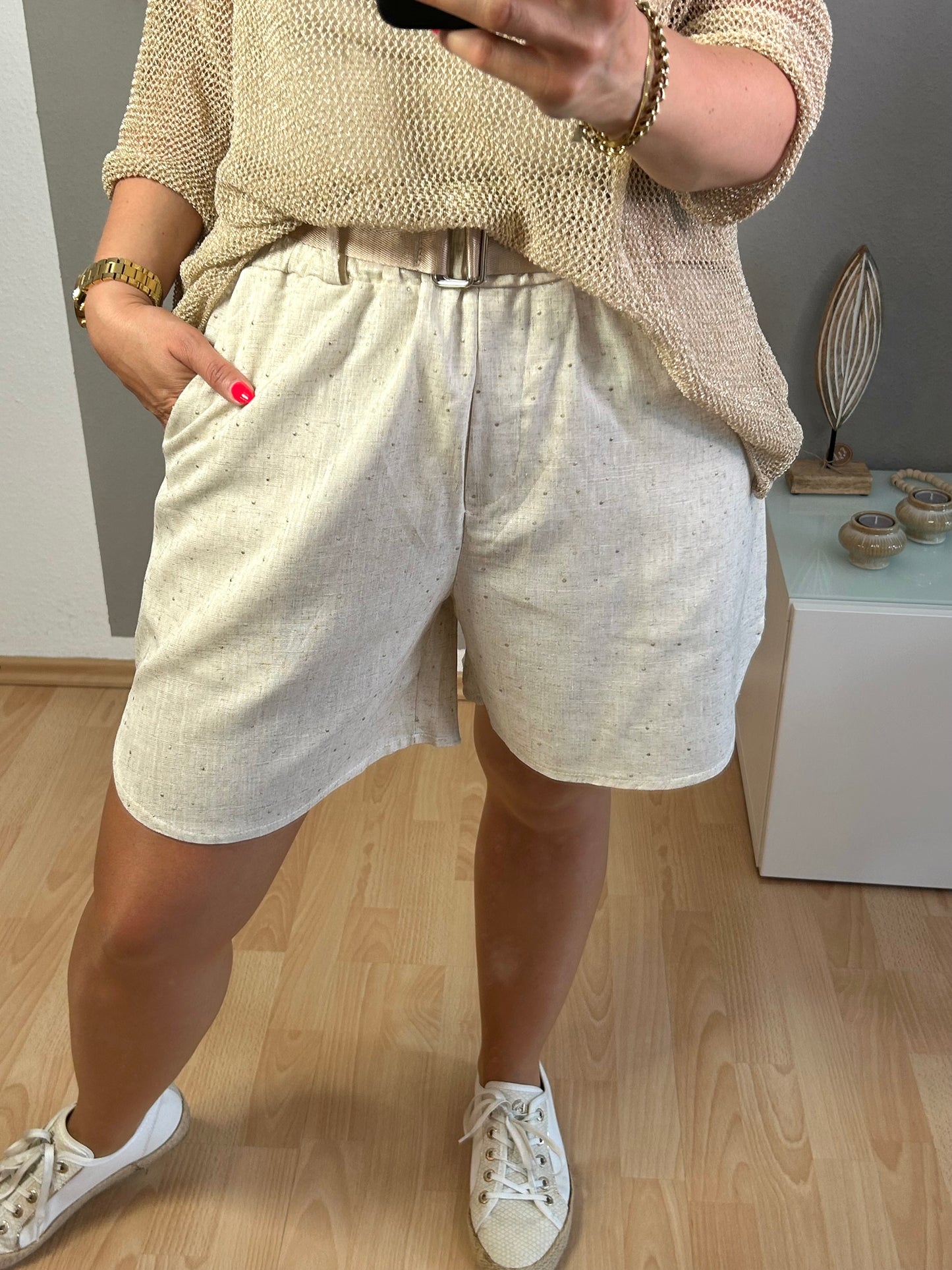 Leinenshorts "GOLDEN DOT" in beige gold mit Gürtel