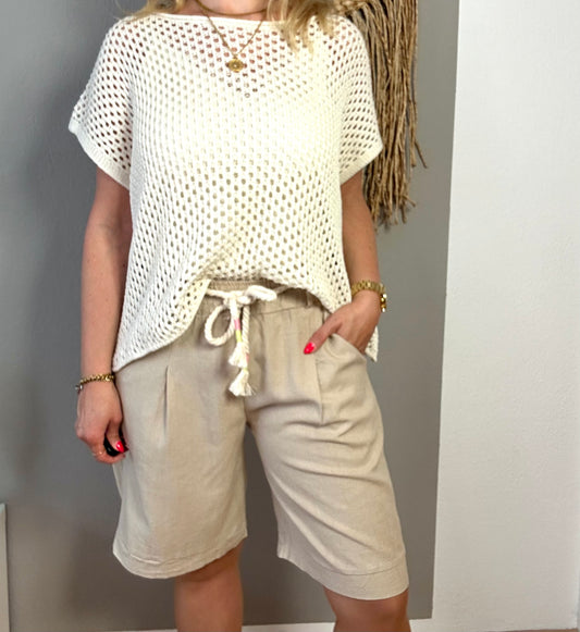 Leinen-Bermuda "ROPE" in camel mit Kordel